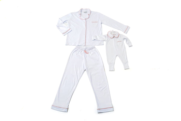 Kit Pijama Mamãe & Bebê Branco Cordonê Rosa | Nina Materna by Fio a Fio